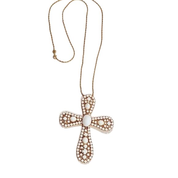 Vintage Jewelry - 1960s Vintage Large White And Gold Cross Pendant Long Necklace Or Pin Brooch